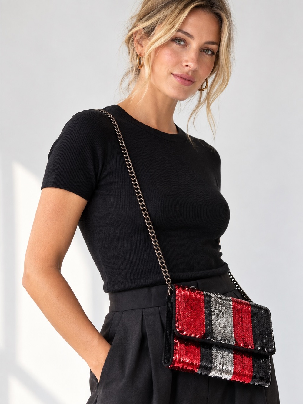 Zara Reversible Flip Sequin Crossbody Bag Red Silver Black Chain Y2K